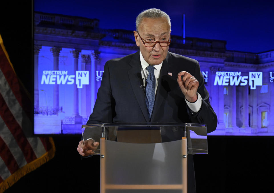 Senate Majority Leader Chuck Schumer, D-N.Y., participates in a debate against Republican challenger Joseph Pinion, hosted by Spectrum News 1, Sunday, Oct. 30, 2022 at Union College in Schenectady, N.Y. (AP Photo/Hans Pennink, Pool)