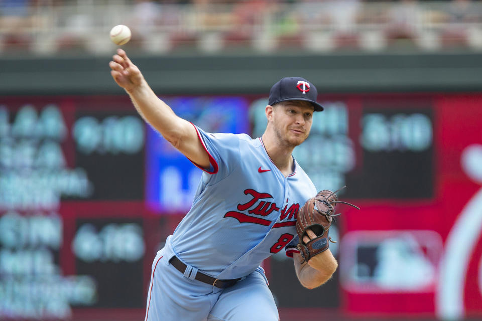 Minnesota Twins starting pitcher Bailey Ober throws to the Detroit Tigers in the first inning of a baseball game, Saturday, July 10, 2021, in Minneapolis. (AP Photo/Andy Clayton-King)