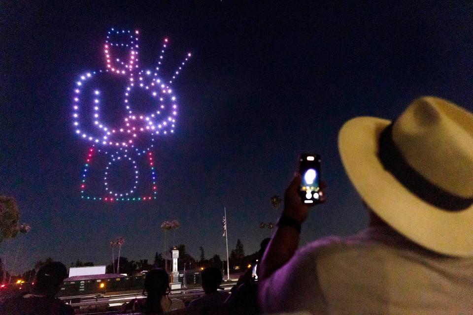 An image of a bagpiper is created in the sky by 200 drones during a drone show at the Alameda County Fair on June 26, 2024, in Pleasanton, Calif.