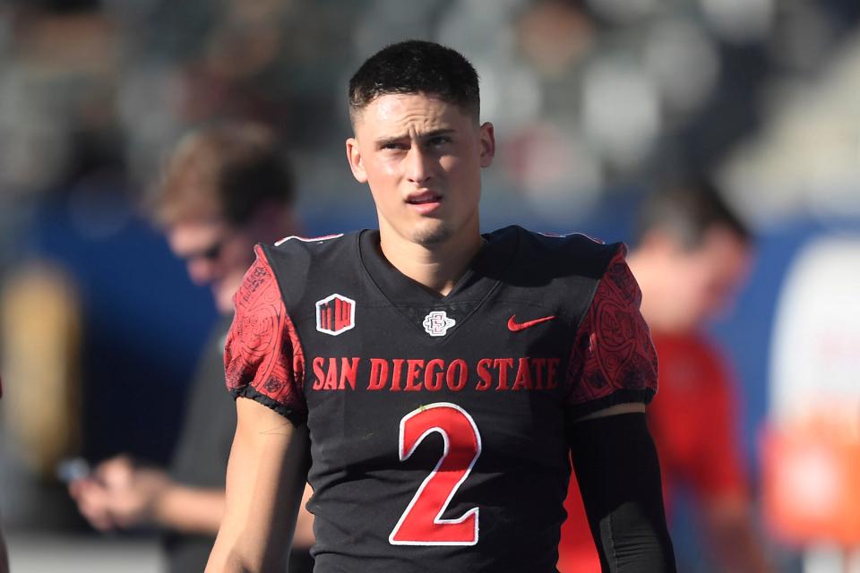 FILE - San Diego State place kicker Matt Araiza (2) plays during an NCAA football game against Utah in Carson, Calif., Saturday Sept. 18, 2021.