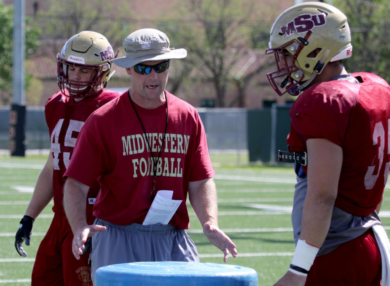 Midwestern State's defensive coordinator Rich Renner gives direction on a drill during spring practice Tuesday, April 9, 2019, on the practice fields as they gear up for the 31st Annual Maroon & Gold Spring Game on Saturday, April 13 at Memorial Stadium.