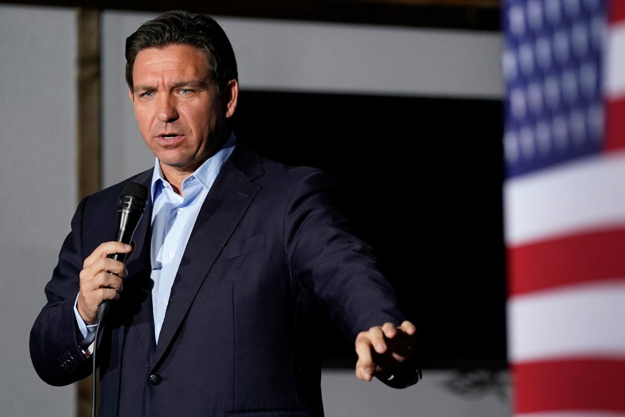 FILE - Republican presidential candidate Florida Gov. Ron DeSantis speaks during a meet and greet, Saturday, Oct. 14, 2023, in Creston, Iowa.