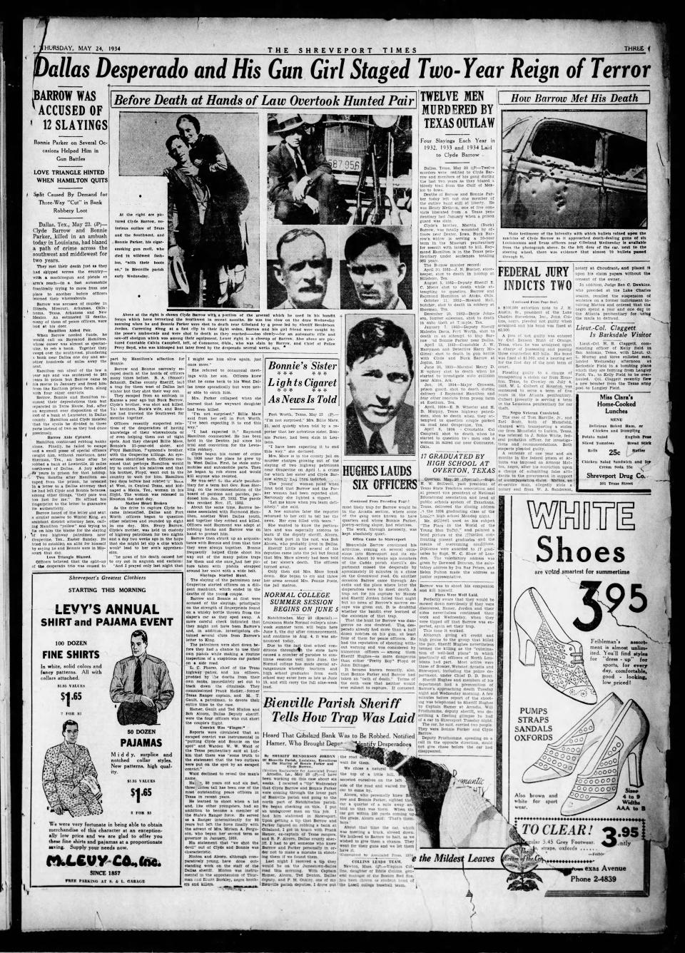 The May 24, 1934 edition of The Shreveport Times featuring the death of Bonnie and Clyde.