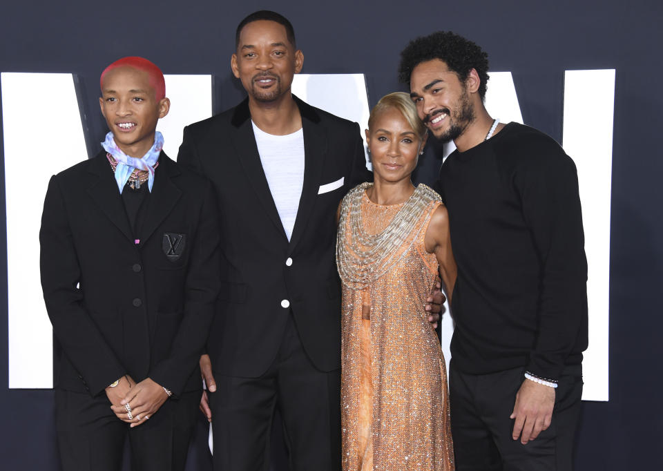 Will Smith, second from left, Jaden Smith, left, Jada Pinkett Smith and Trey Smith, right, attend the premiere of "Gemini Man," at the TCL Chinese Theater on Sunday, Oct. 6, 2019, in Los Angeles. (Photo by Phil McCarten/Invision/AP)