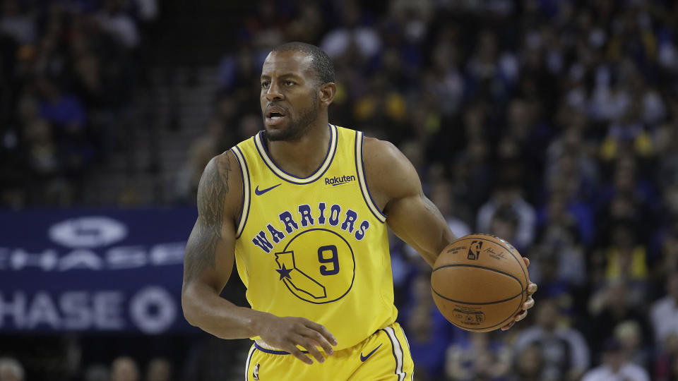 Golden State Warriors guard Andre Iguodala (9) against the Denver Nuggets during an NBA basketball game in Oakland, Calif., Tuesday, April 2, 2019. (AP Photo/Jeff Chiu)