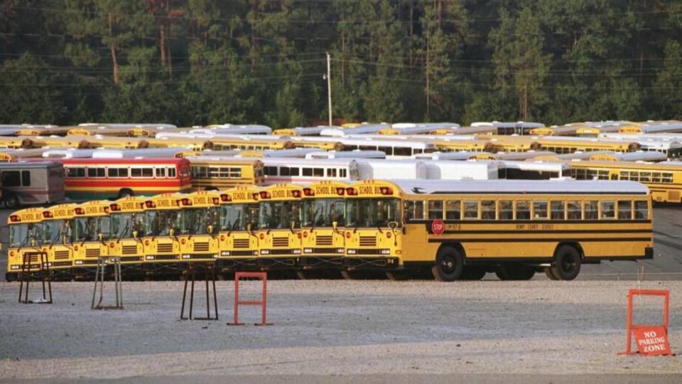 In this Telegraph file photo, Blue Bird buses lined up outside the company in Fort Valley.