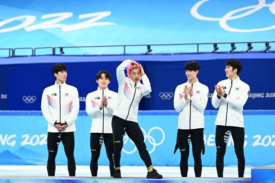Pictured centre, South Korea silver medallist Kwak Yoon-gy celebrates with teammates after the men's 5000m relay short track speed skating event.