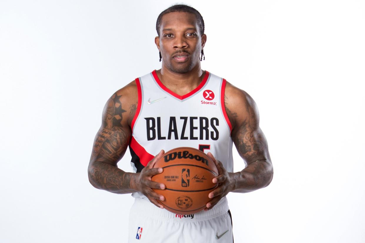 Eric Bledsoe #5 of the Portland Trail Blazers poses for a portrait on February 11, 2022 at the Moda Center in Portland, Oregon.