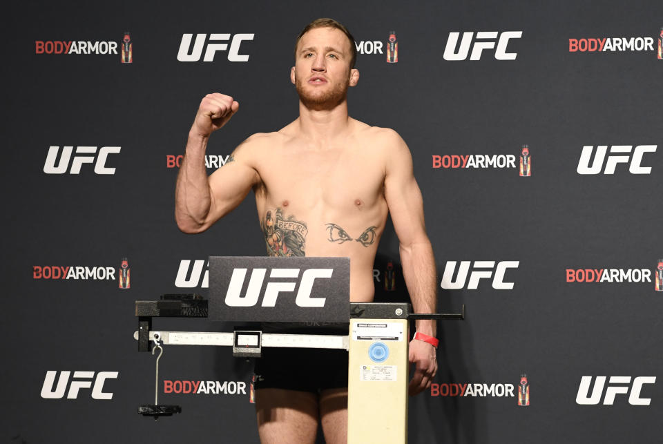 JACKSONVILLE, FLORIDA - MAY 08: Justin Gaethje poses on the scale during the UFC 249 official weigh-in on May 08, 2020 in Jacksonville, Florida. (Photo by Mike Roach/Zuffa LLC)