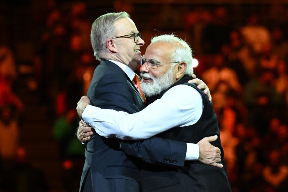 Prime Minister Narendra Modi and Australian Prime Minister Anthony Albanese embrace