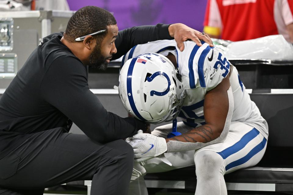 Indianapolis Colts running back Deon Jackson (35) reacts after losing to the Minnesota Vikings 39-36 at U.S. Bank Stadium.