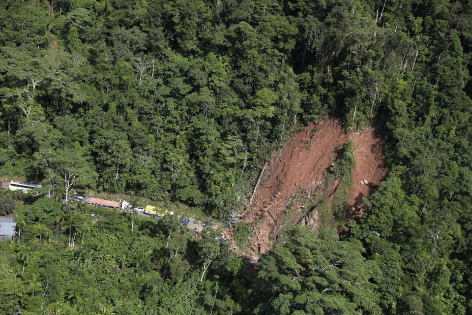 An aerial view shows a landslide caused by a quake in Yurimaguas, Peru, Sunday, May 26, 2019. A powerful earthquake struck the Amazon jungle in north-central Peru early Sunday, the U.S. Geological survey reported, collapsing buildings and knocking out power to some areas. (Guadalupe Pardo/Pool Photo via AP)