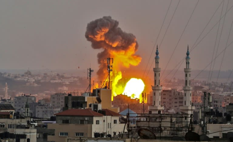 A fireball explodes in Gaza City during Israeli bombardment on July 20, 2018