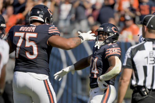 Running back Khalil Herbert (R) and the Chicago Bears will battle the Minnesota Vikings on Monday in Minneapolis. File Photo by Mark Black/UPI