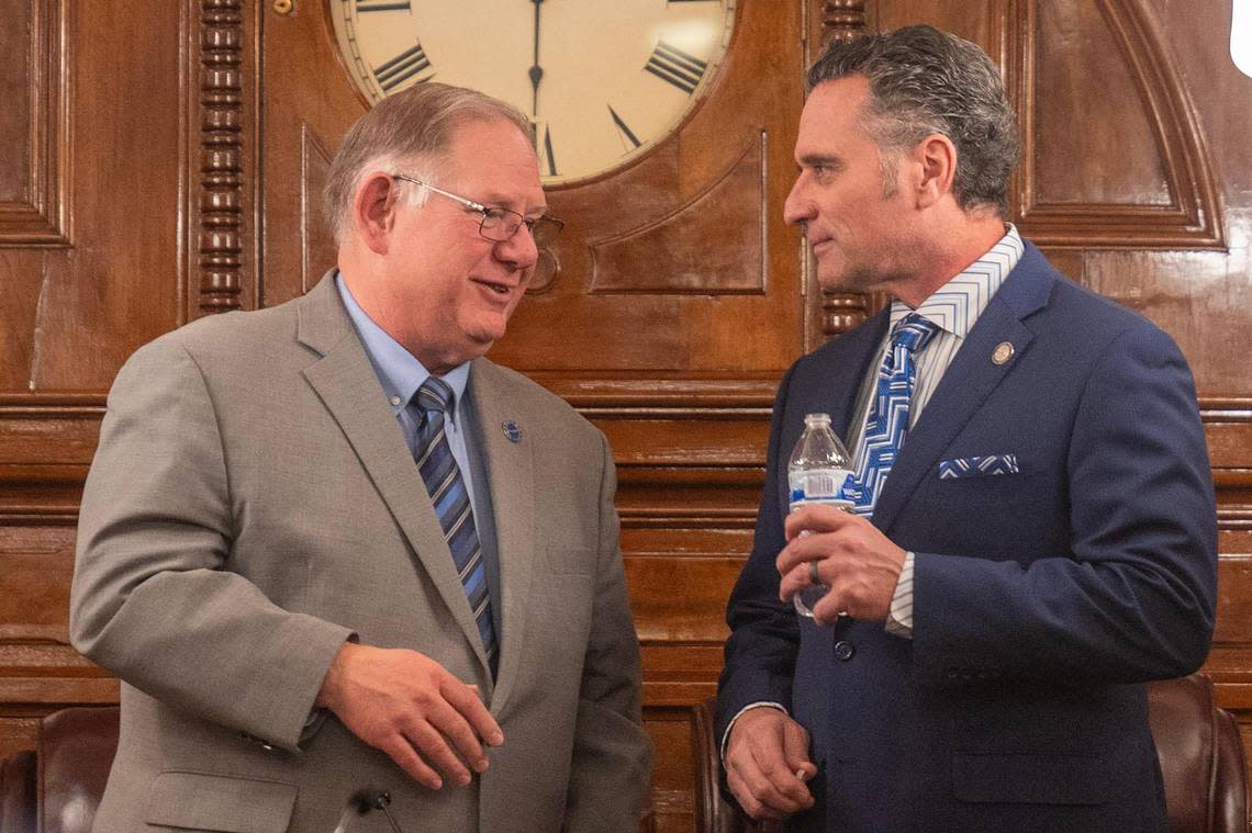 Kansas House Speaker Daniel Hawkins, left, and Senate President Ty Masterson speak before the State of the State address at the Kansas State Capital on Wednesday, Jan. 10, 2024, in Topeka, Kansas.