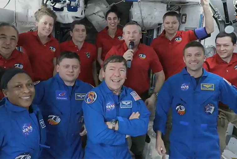 The four SpaceX Crew-8 members (front row) join the Expedition 70 crew (back row) for a brief welcoming ceremony at the International Space Station early Tuesday. Crew-8 has arrived to start their six-month mission there. Photo courtesy of NASA TV