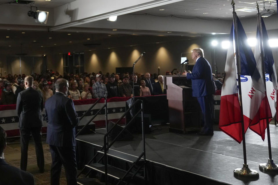 Former President Donald Trump speaks at a campaign rally at Terrace View Event Center in Sioux Center, Iowa, Friday, Jan. 5, 2024. (AP Photo/Andrew Harnik)