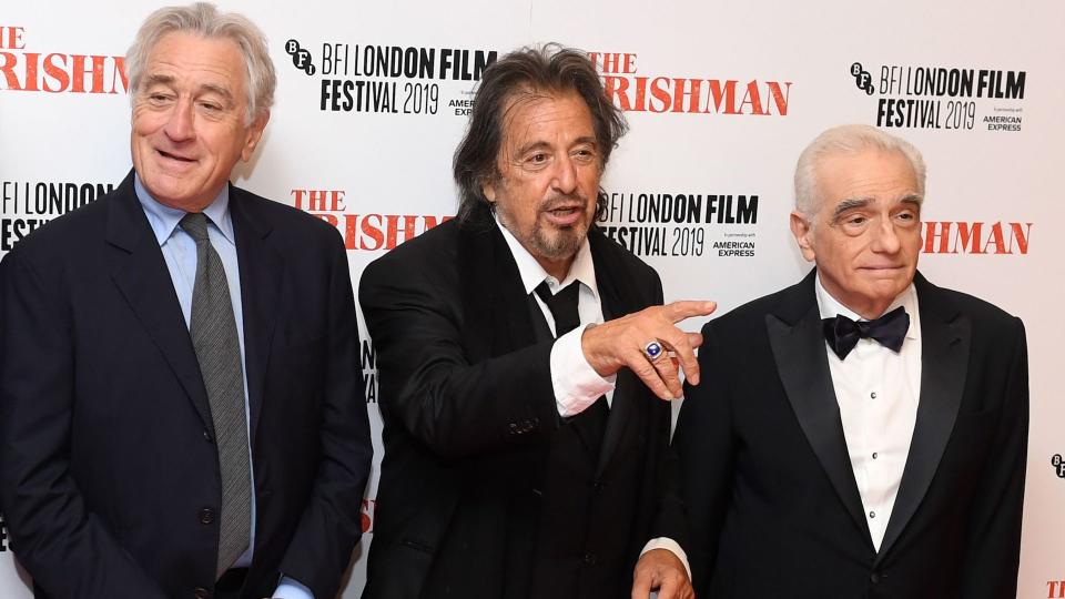 Mandatory Credit: Photo by James Veysey/Shutterstock (10442460cs)Robert De Niro, Al Pacino and Martin Scorsese'The Irishman' premiere, BFI London Film Festival, UK - 13 Oct 2019.