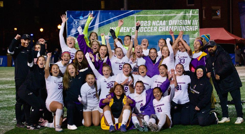 The Cal Lutheran women's soccer team pose for a photo after beating Tufts University in penalty kicks in an NCAA Division III semifinal match in Roanoke, Virginia, on Thursday, Nov. 30, 2023. The Regals will play Washington University of St. Louis in Saturday’s final.