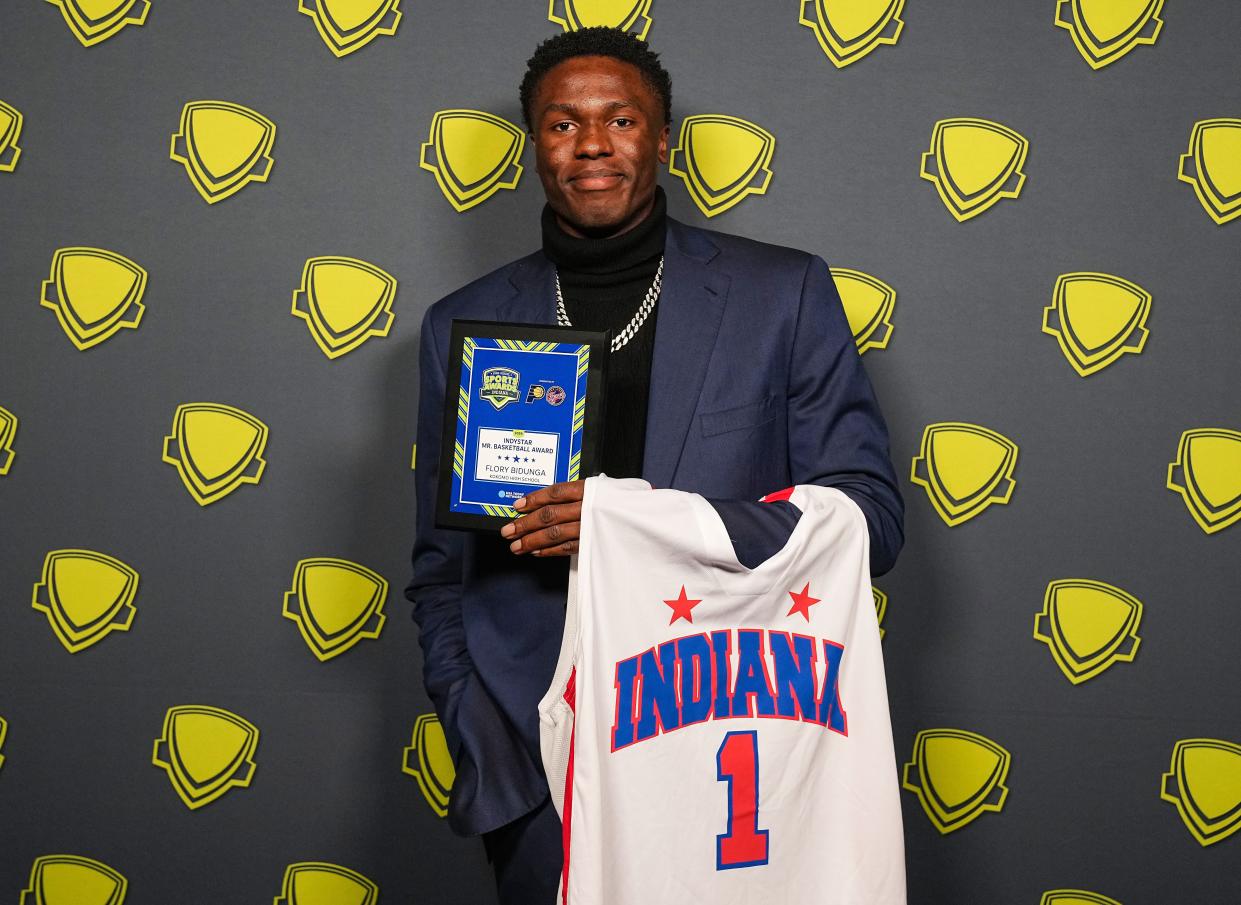 Kokomo's Flory Bidunga is photographed after winning Indiana's Mr. Basketball on Tuesday, April 23, 2024, during the Indiana Sports Awards at Clowes Memorial Hall at Butler University in Indianapolis.