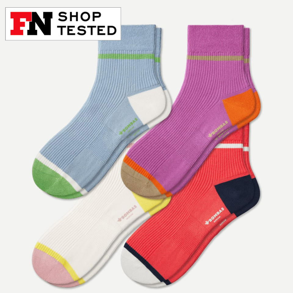 Four pack of colorful Bombas ribbed quarter socks 