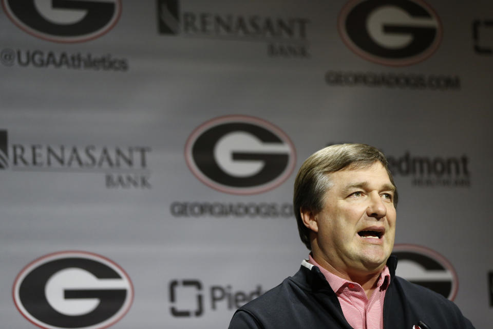 Georgia coach Kirby Smart speaks with the media on National Signing Day in Athens, Ga, on Wednesday, Dec. 18, 2019. (Joshua L. Jones/Athens Banner-Herald via AP)