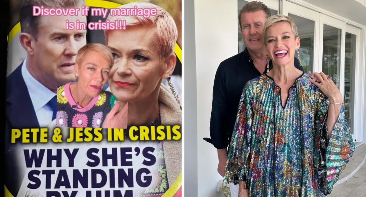 Jessica Rowe reacting to the magazine cover (left) and with her husband Peter Overton (right).
