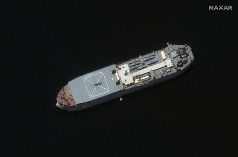 Iranian naval ship, the Makran, is seen near Larak Island, Iran, in this satellite image taken on May 10, 2021. Picture taken May 10, 2021