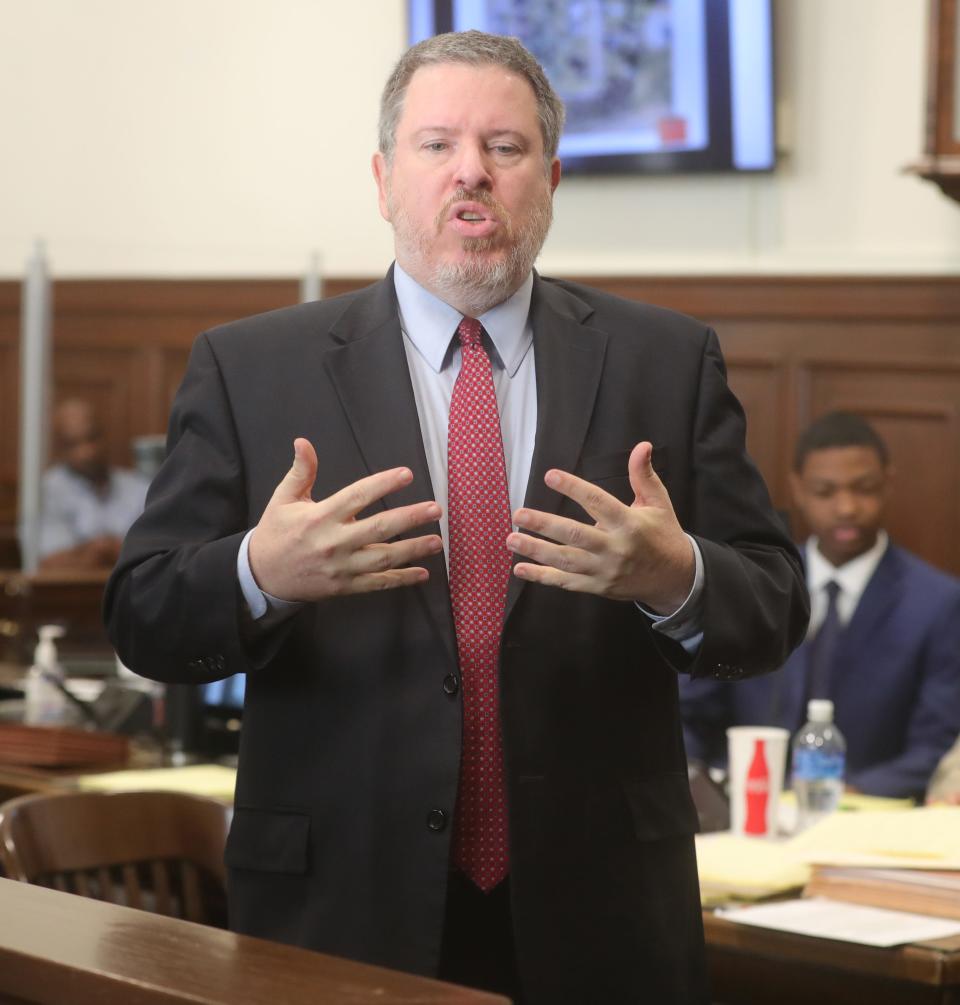 Assistant Summit County Prosecutor Daniel Sallerson gives his opening statement Monday in the trial of Christopher Blue. Blue is accused in the 2021 shooting death of Owen Barzal.