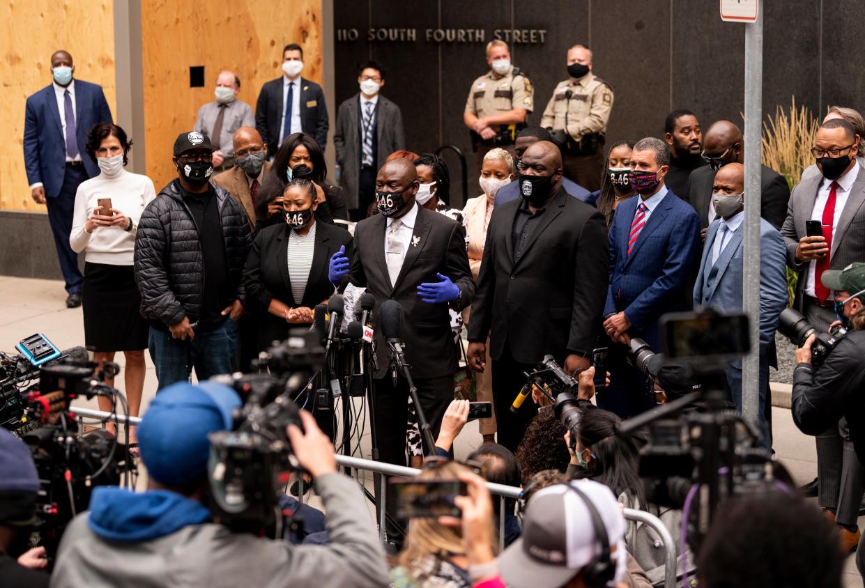 <p>MINNEAPOLIS, MN - SEPTEMBER 11: Attorney Ben Crump (C), surrounded by family of George Floyd, speaks to media gathered outside the Hennepin County Family Justice Center after a pretrial hearing for the four former Minneapolis Police officers charged in the death of George Floyd on September 11, 2020 in Minneapolis, Minnesota. Crump is representing George Floyd's family. </p> ((Photo by Stephen Maturen/Getty Images))