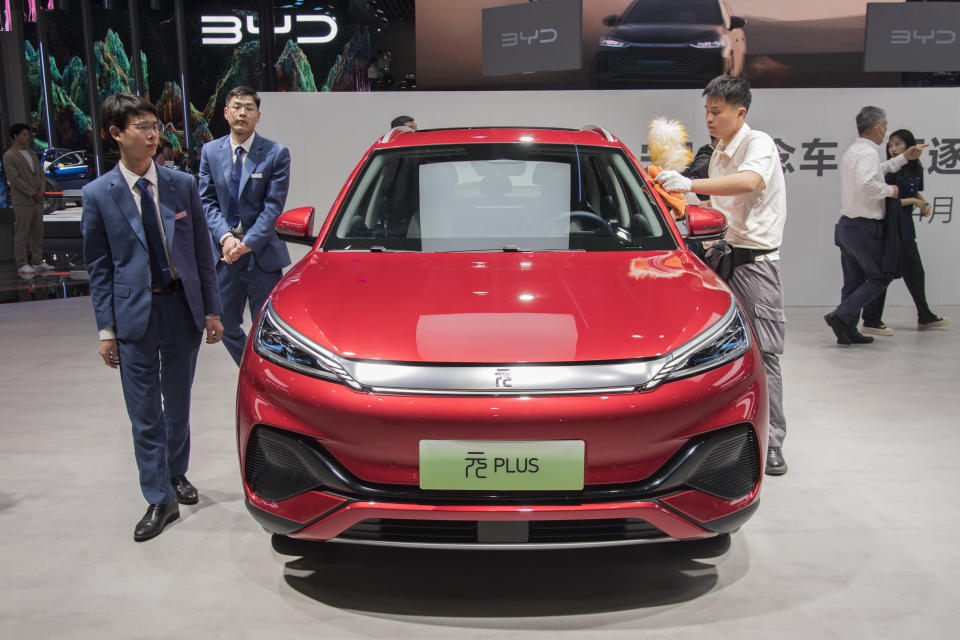 BYD, a Tesla competitor, displays a Yuan PLUS electric SUV. 