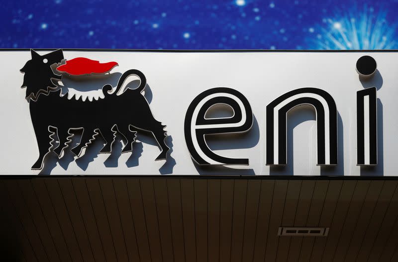 FILE PHOTO: The logo of Italian energy company Eni is seen at a gas station in Rome