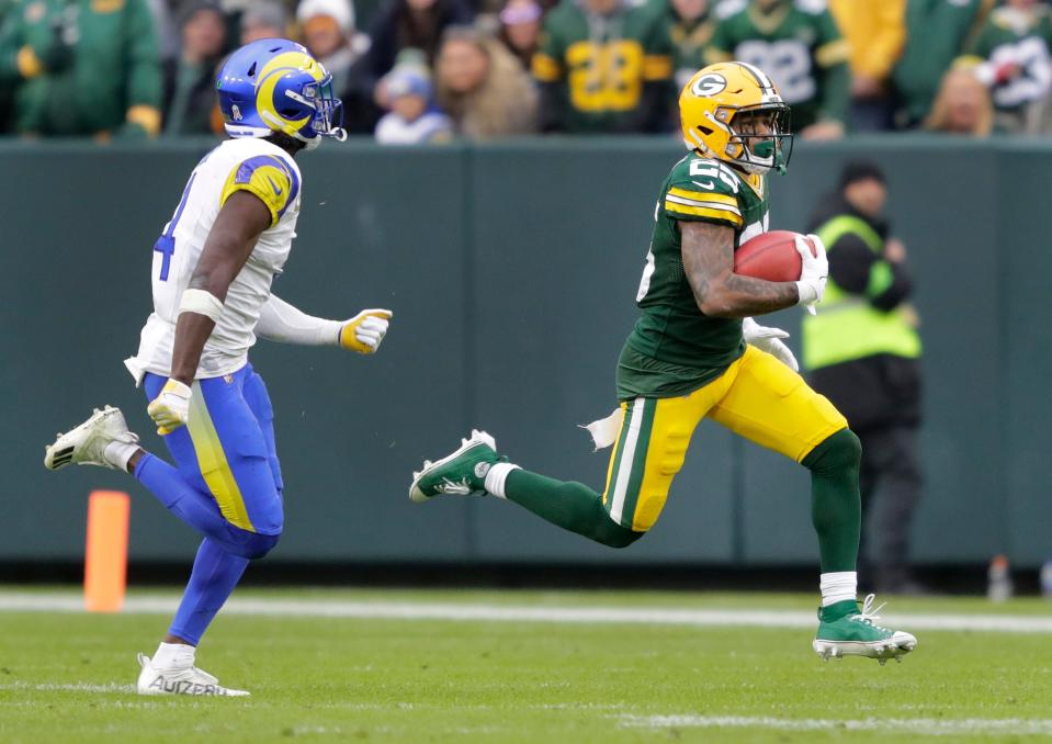 Green Bay Packers cornerback Keisean Nixon (25) runs back a kick off return for 51-yardsa against Los Angeles Rams safety Jordan Fuller (4) during their football game Sunday, November 5, 2023, at Lambeau Field in Green Bay, Wis

 (Via OlyDrop)