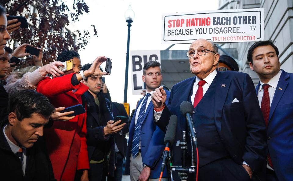 Rudy Giuliani, the former personal lawyer for former U.S. President Donald Trump, departs from the E. Barrett Prettyman U.S. District Courthouse after a verdict was reached in his defamation jury trial on December 15, 2023 in Washington, DC. A jury has ordered Giuliani to pay $148 million in damages to Fulton County election workers Ruby Freeman and Shane Moss.