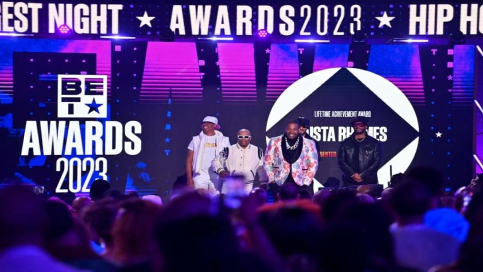 (Left to right) DJ Scratchator, Spliff Star, Busta Rhymes, Swizz Beatz, and Marlon Wayans onstage during the “BET Awards 2023” on June 25, 2023, at Microsoft Theater in Los Angeles. (Photo by Paras Griffin/Getty Images for BET)