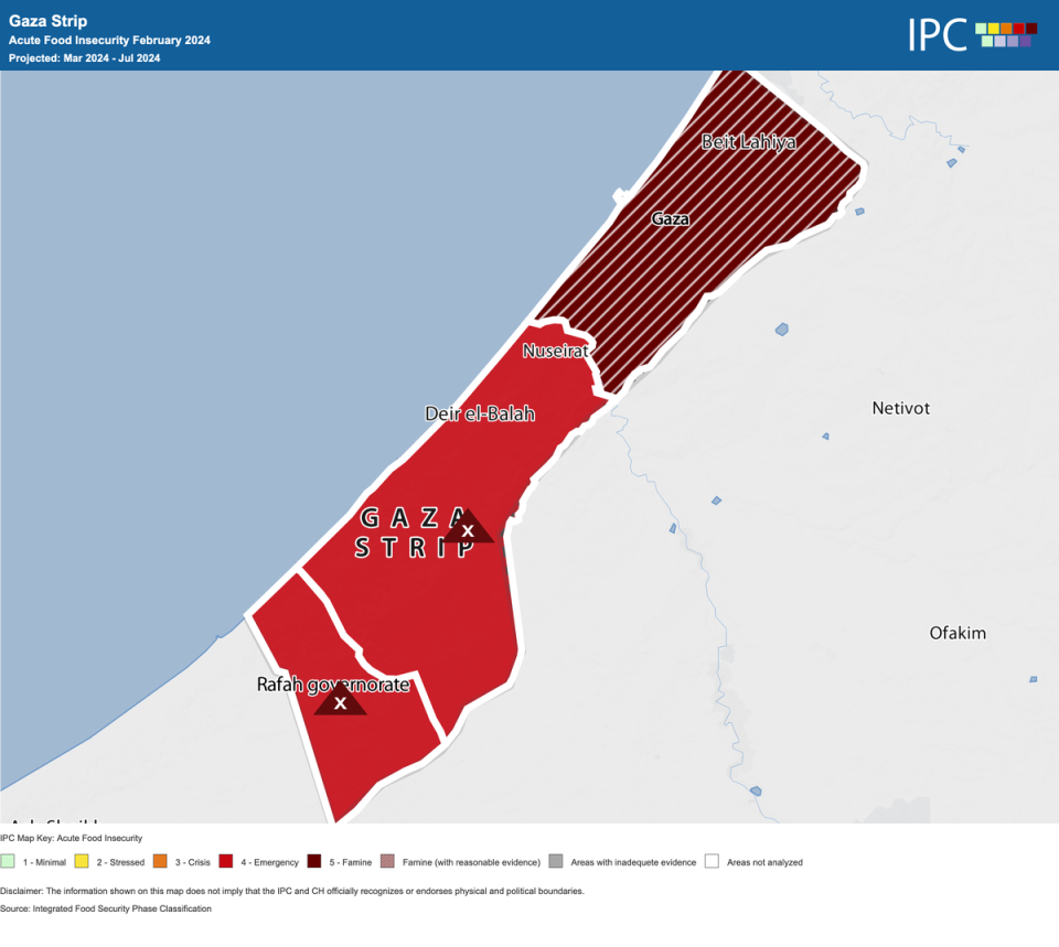 The last IPC report on Acute Food Insecurity for Gaza included this projection for the period 16 March - 15 July 2024. The dark red shows the area projected to experience famine. The lighter red shows areas experiencing an “emergency” level of food insecurity and at risk of famine (Integrated Food Security Phase Classification: IPC)