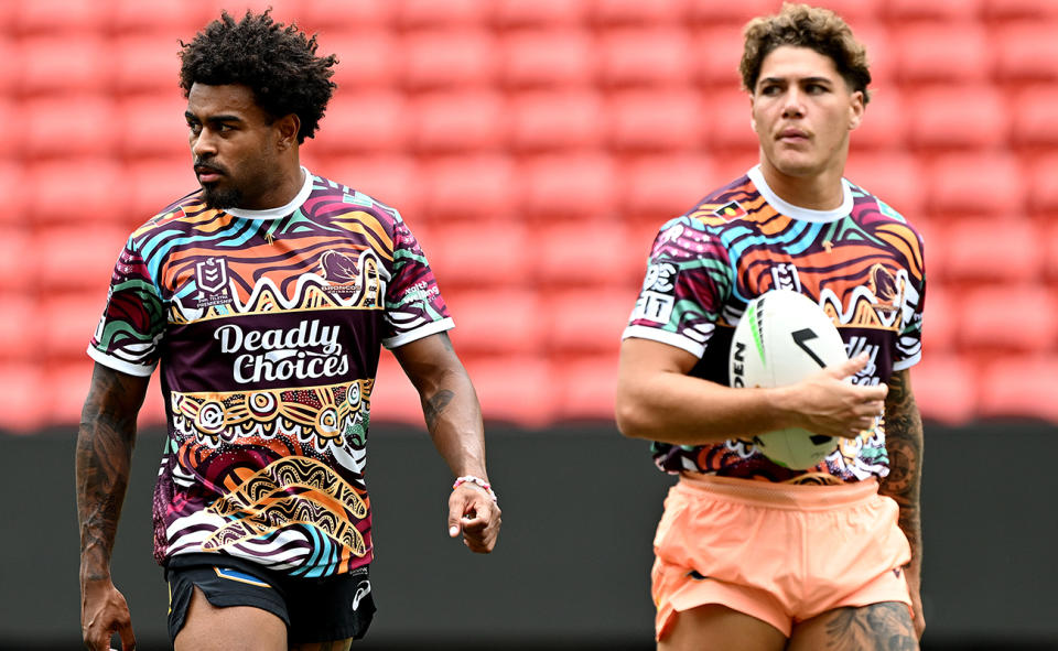 Ezra Mam and Reece Walsh pictured here at a Brisbane Broncos training session.