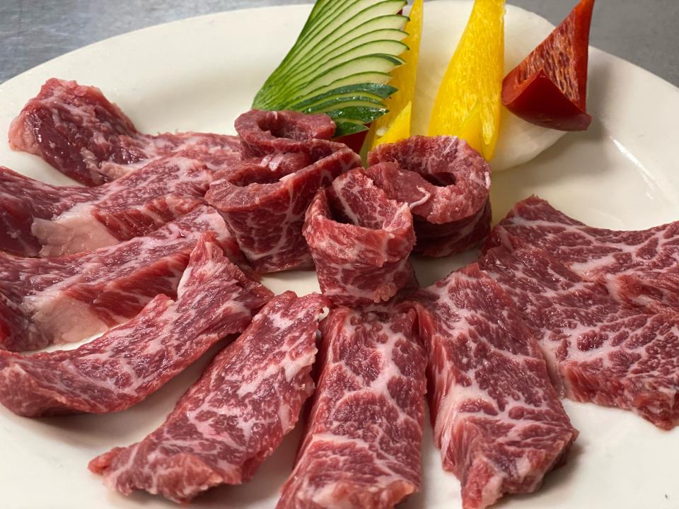 Marbled strips of meat ready to be barbecued at newly opened Prime No. 7 in Mahwah