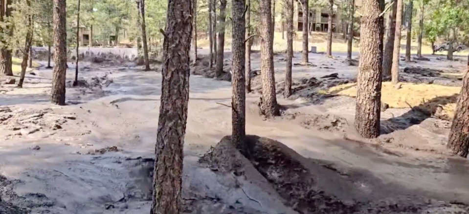 A flash flood rushes through the village of Ruidoso, pictured, in New Mexico. Residents are facing ‘extremely dangerous’ floods while two major fires scorch the region (Jesus Figueroa /TMX)