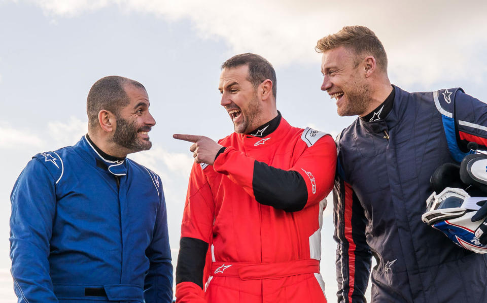 Chris Harris, Paddy McGuinness, Freddie Flintoff in new <i>Top Gear</i>. (BBC)