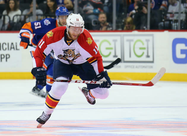 NEW YORK, NY – APRIL 24: Jonathan Huberdeau #11 of the Florida Panthers skates against the New York Islanders in Game Six of the Eastern Conference First Round during the 2016 NHL Stanley Cup Playoffs at the Barclays Center on April 24, 2016 in the Brooklyn borough of New York City. The Islanders won the game 2-1 in double overtime to win the series four games to two. (Photo by Bruce Bennett/Getty Images)