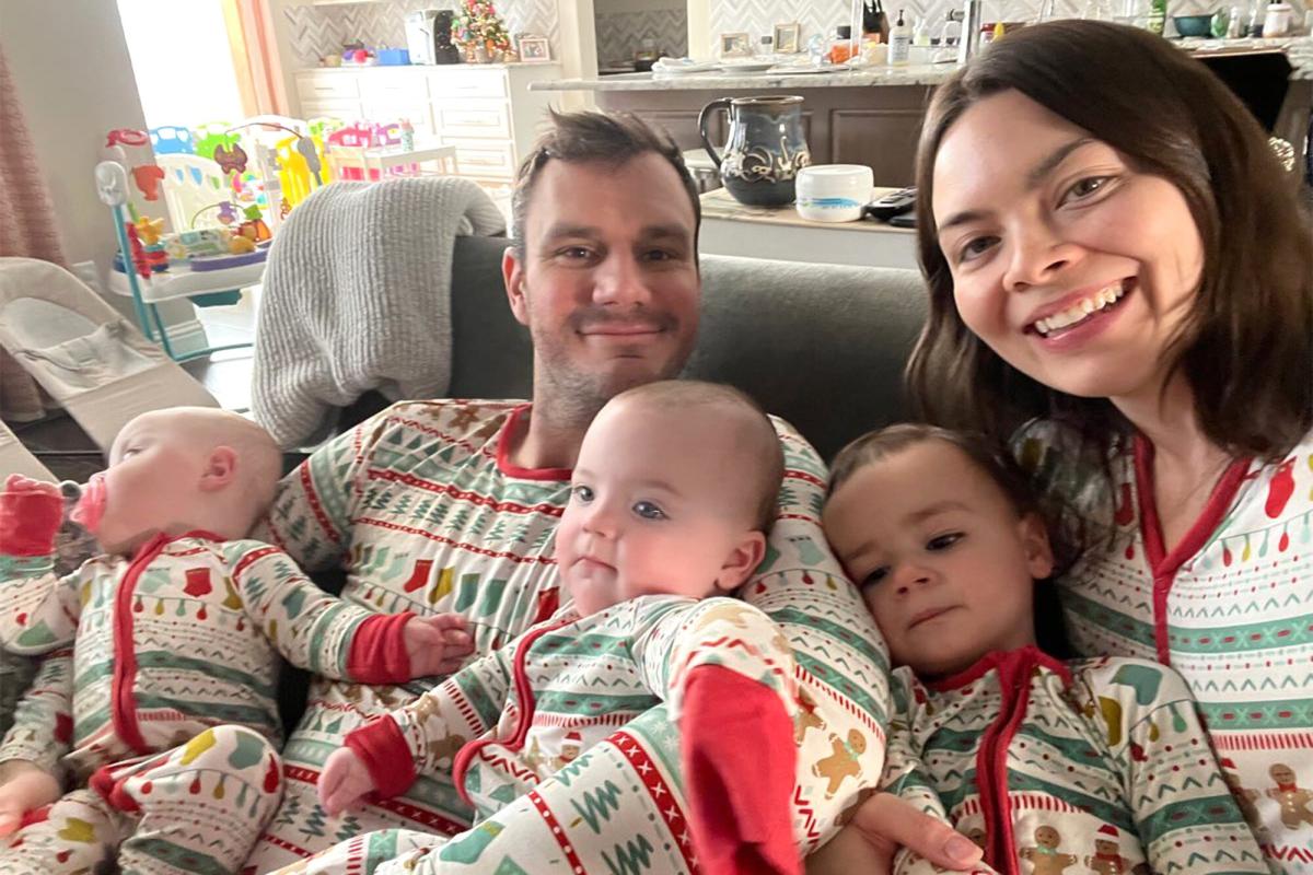 Cooper Hefner poses with his wife and three daughters in a Christmas pajama selfie: “Happy Holidays”