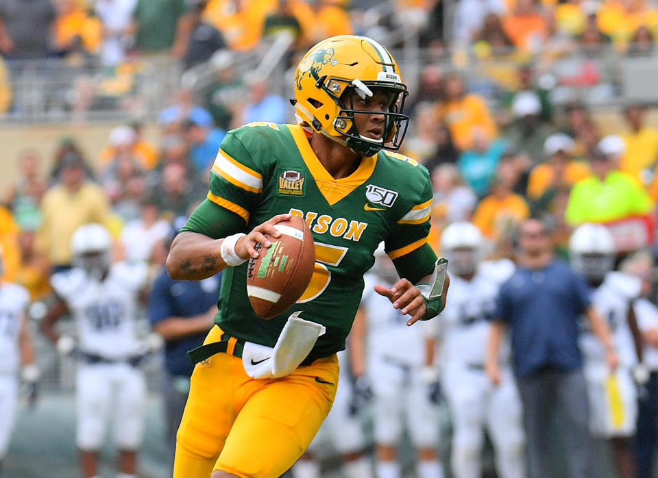 MINNEAPOLIS, MINNESOTA - AUGUST 31:  Quarterback Trey Lance #5 of the North Dakota State Bison looks to pass against the Butler Bulldogs during their game at Target Field on August 31, 2019 in Minneapolis, Minnesota.  (Photo by Sam Wasson/Getty Images)