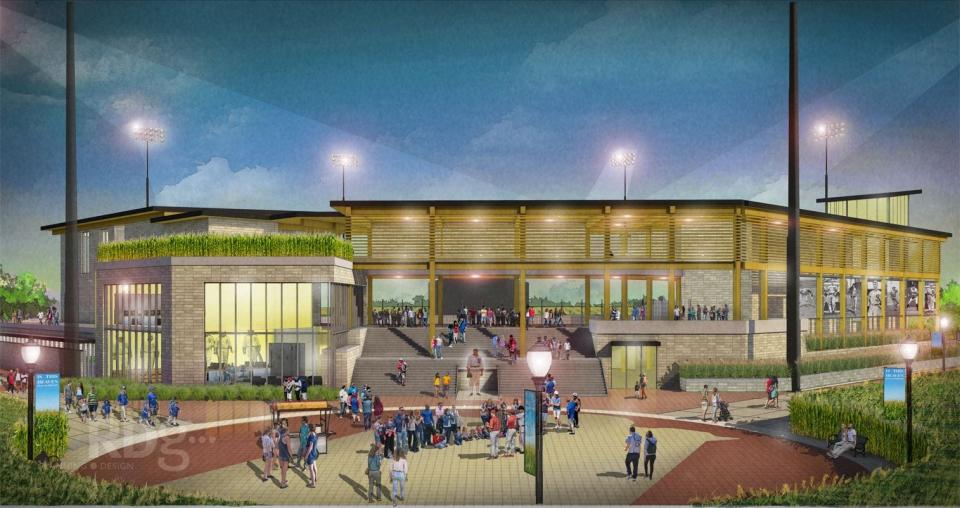 A conceptual plan shows the southwest entrance to a permanent stadium planned for the "Field of Dreams" movie site.