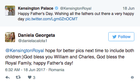 The tweet features Prince William with dad Charles and son George.
