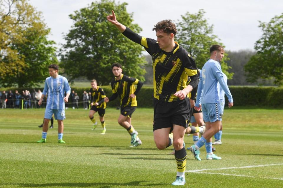 Jack Grieves celebrates heading home the only goal of the game. <i>(Image: Alan Cozzi/Watford FC)</i>