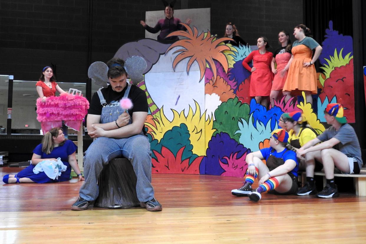 This scene from "Seussical: The Musical" at River View High School has the animals of the jungle doubt that Horton the Elephant, played by Darrian Besancon, really hears something or someone living on a flower.