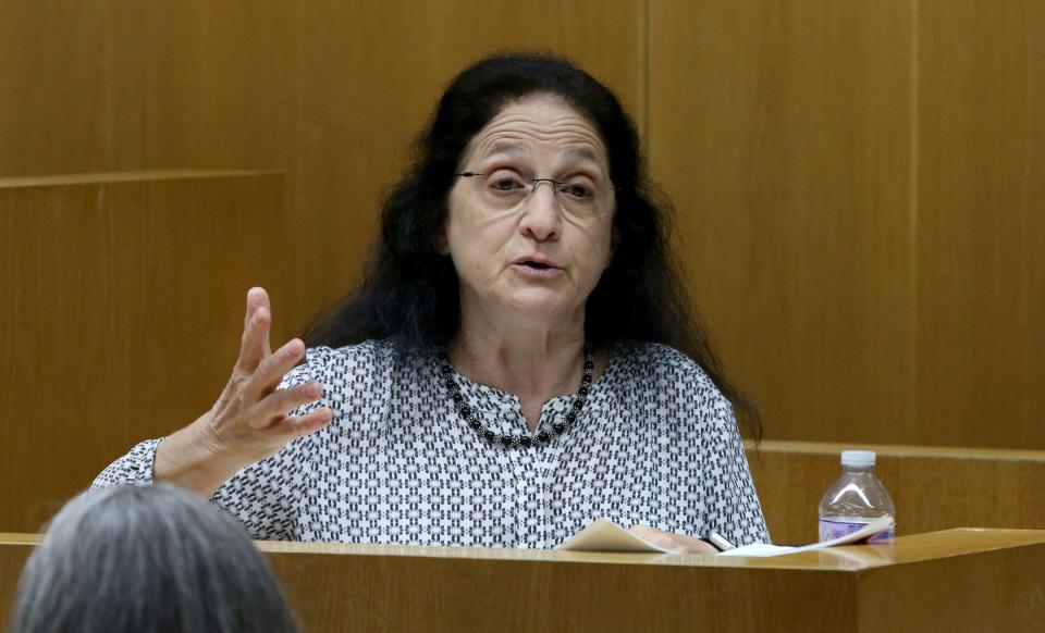 Dr. Anat Feingold, a specialist in pediatric infectious disease at Cooper University Medical Center in Camden, testifies in Christopher Gregor's trial before Superior Court Judge Guy P. Ryan in Toms River Wednesday, May 22, 2024. Gregor is charged with the 2021 murder and child endangerment of his 6-year-old son Corey Micciolo.