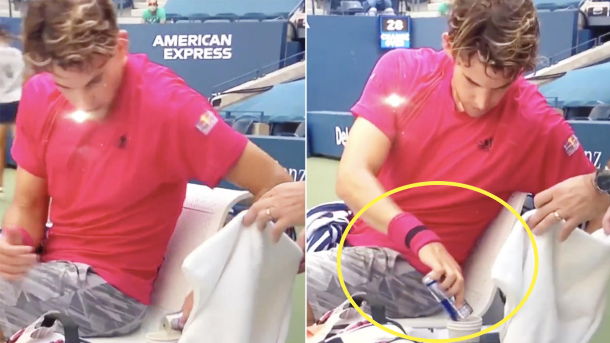 Dominic Thiem (pictured) pouring a can of Red Bull into a plain cup at the US Open.