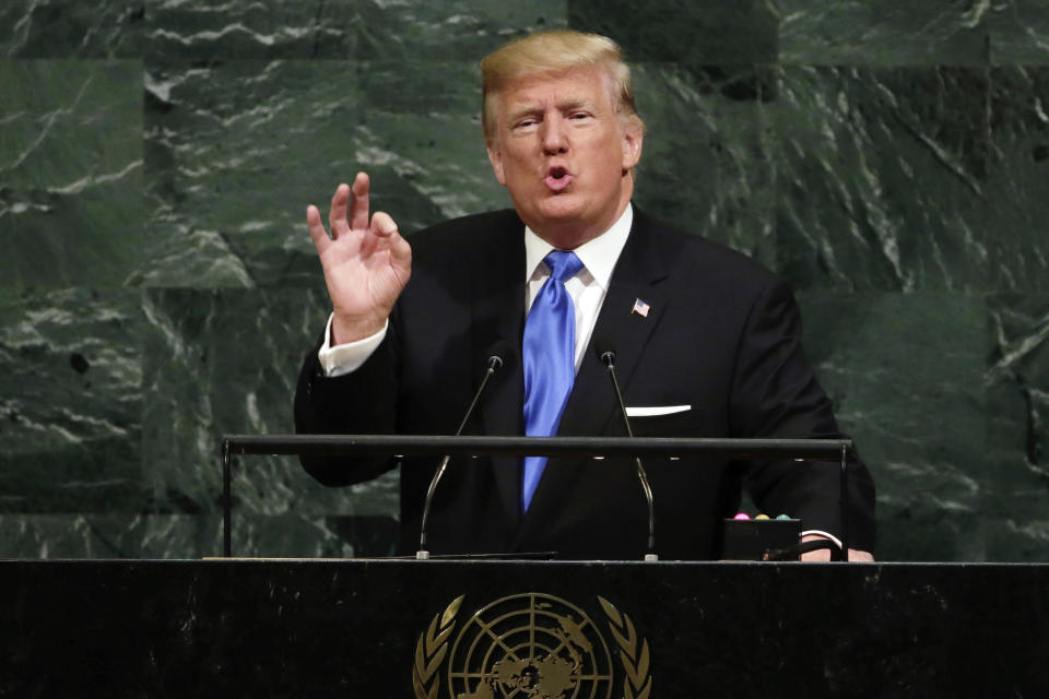 FILE - In this Sept. 19, 2017 file photo, U.S. President Donald Trump addresses the 72nd session of the United Nations General Assembly, at U.N. headquarters. Trump will be joined by other populist leaders at the 73rd General Assembly, including Poland's President Andrej Duda and Italy's Prime Minister Giuseppe Conte along with the foreign ministers of Hungary and Austria. (AP Photo/Richard Drew, File)